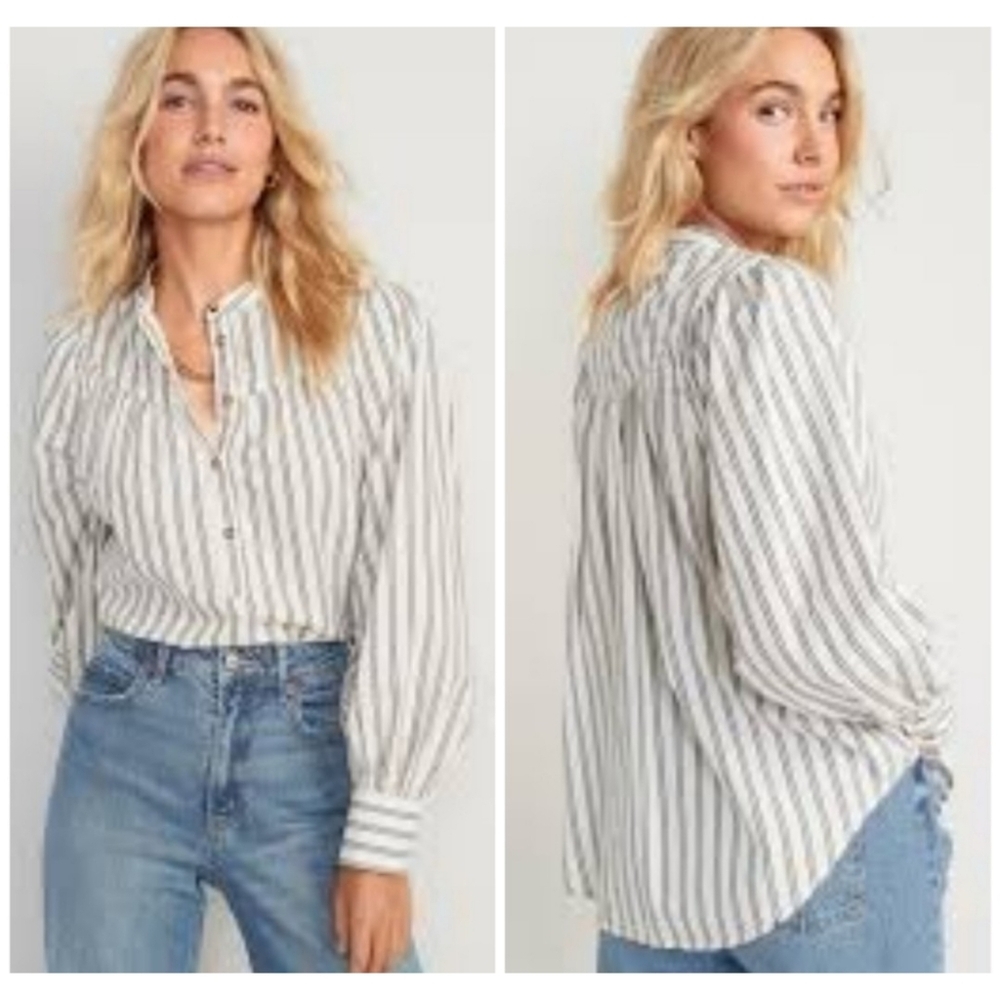 Old Navy Puff Sleeve Striped Henley White Size XL